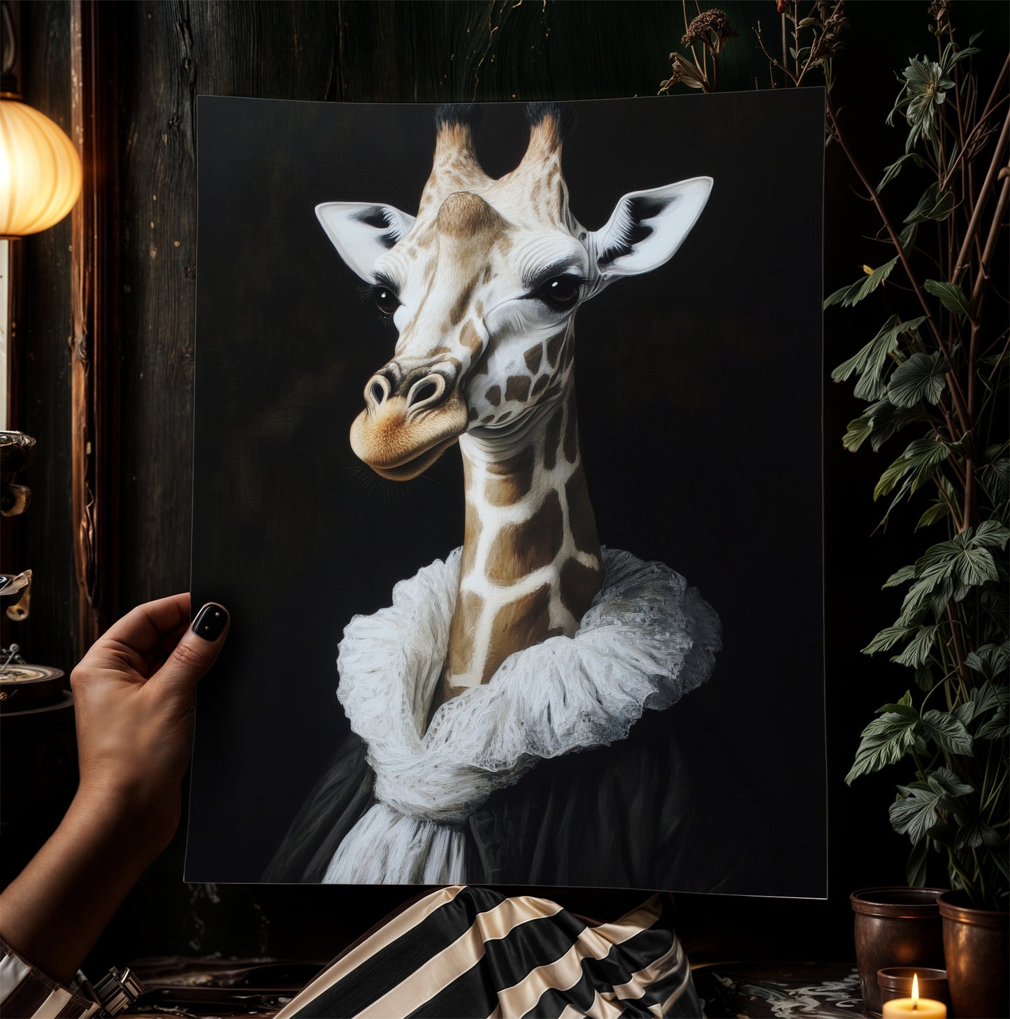 Gothic Giraffe Portrait, Dark Academia Wall Decor, Funny Royal Pet Painting, Vintage Animal Lover Gift, Quirky Giraffe Art Print