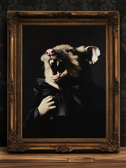 Gothic Vampire Possum Portrait, Dark Academia Wall Decor, Funny Royal Pet Painting, Vintage Animal Lover Gift, Quirky Opossum Art Print