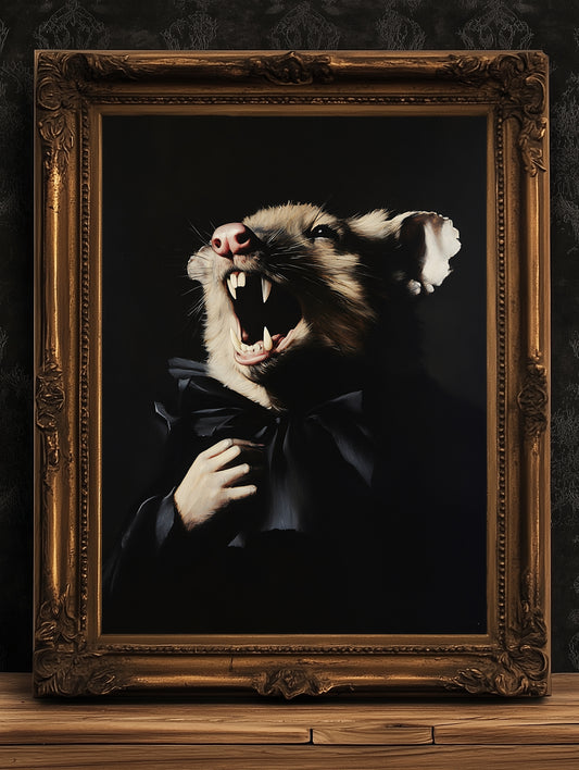 Gothic Vampire Possum Portrait, Dark Academia Wall Decor, Funny Royal Pet Painting, Vintage Animal Lover Gift, Quirky Opossum Art Print