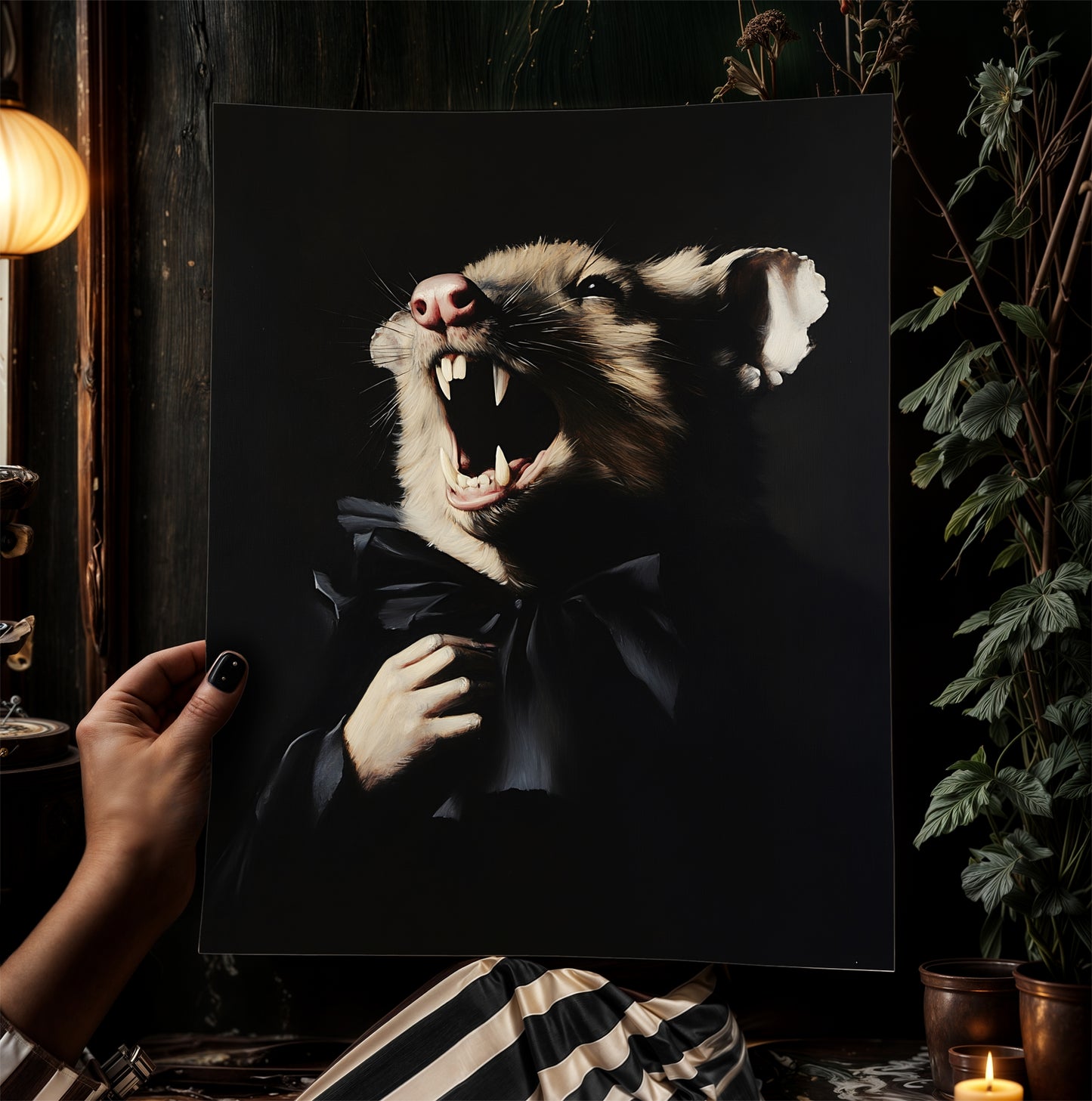 Gothic Vampire Possum Portrait, Dark Academia Wall Decor, Funny Royal Pet Painting, Vintage Animal Lover Gift, Quirky Opossum Art Print