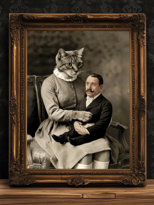The Lap Chap, Victorian Cat Lady Surreal Poster, Whimsigoth Animal Portrait, Creepy Cute Wall Art Print, Quirky Dark Academia, Weird Gifts