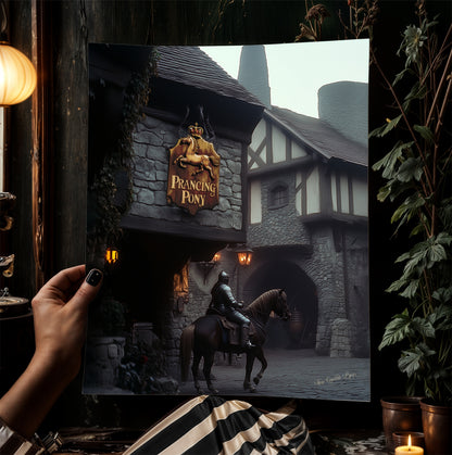 The Prancing Pony Inn Poster, Medieval Knight, Gothic Fantasy Warrior Wall Decor, Epic Dark Knight Art Print, Medieval Castle Core Aesthetic