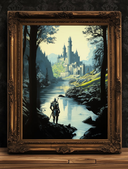 Medieval Knight And Medieval Distant Castle Art Print, Gothic Fantasy Warrior Wall Decor, Epic Knight Artwork, Castle Core Aesthetic Poster