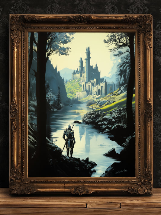 Medieval Knight And Medieval Distant Castle Art Print, Gothic Fantasy Warrior Wall Decor, Epic Knight Artwork, Castle Core Aesthetic Poster