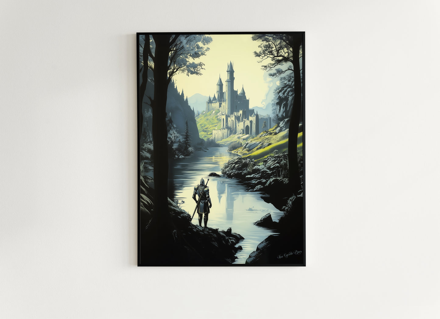 Medieval Knight And Medieval Distant Castle Art Print, Gothic Fantasy Warrior Wall Decor, Epic Knight Artwork, Castle Core Aesthetic Poster