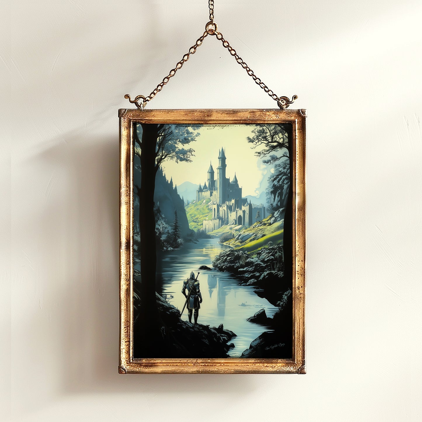 Medieval Knight And Medieval Distant Castle Art Print, Gothic Fantasy Warrior Wall Decor, Epic Knight Artwork, Castle Core Aesthetic Poster