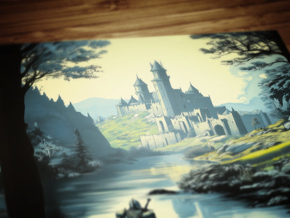 Medieval Knight And Medieval Distant Castle Art Print, Gothic Fantasy Warrior Wall Decor, Epic Knight Artwork, Castle Core Aesthetic Poster