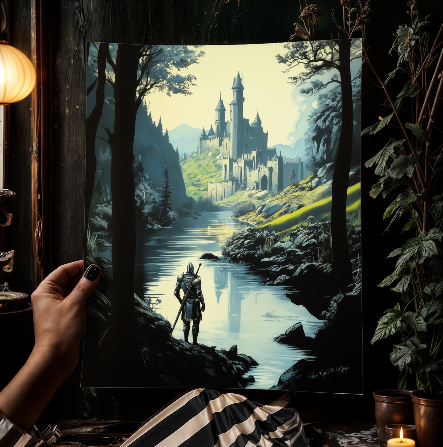 Medieval Knight And Medieval Distant Castle Art Print, Gothic Fantasy Warrior Wall Decor, Epic Knight Artwork, Castle Core Aesthetic Poster