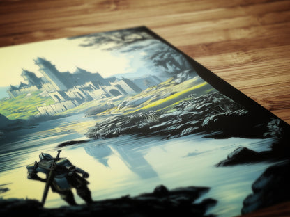 Medieval Knight And Medieval Distant Castle Art Print, Gothic Fantasy Warrior Wall Decor, Epic Knight Artwork, Castle Core Aesthetic Poster