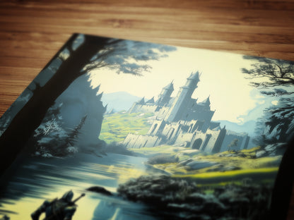 Medieval Knight And Medieval Distant Castle Art Print, Gothic Fantasy Warrior Wall Decor, Epic Knight Artwork, Castle Core Aesthetic Poster