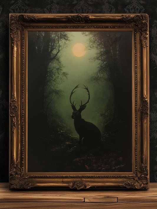 Jackalope Art Print Painting, Hare Hybrid Wall Decor, Mystical Woodland Animal Portrait, Cryptid Fairycore Wall Art