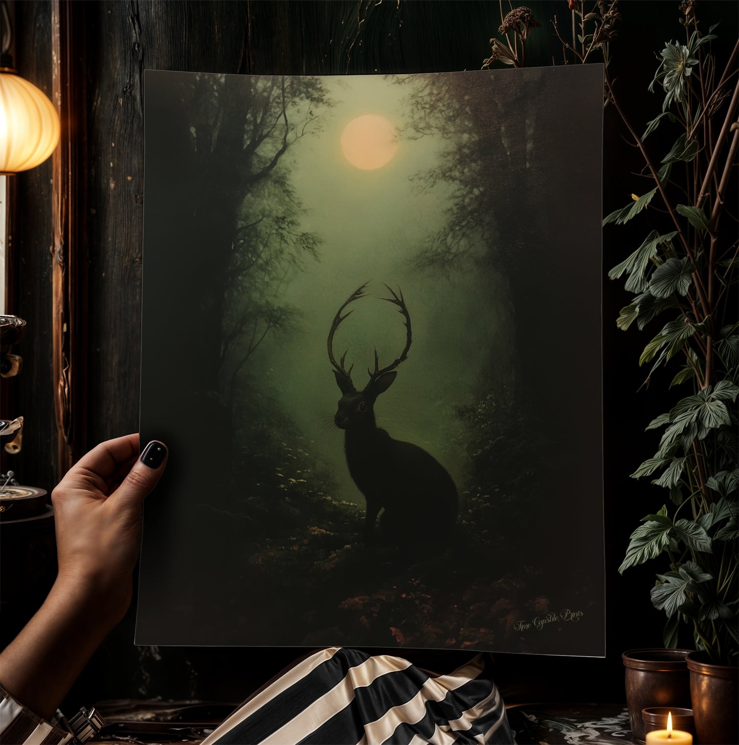 Jackalope Art Print Painting, Hare Hybrid Wall Decor, Mystical Woodland Animal Portrait, Cryptid Fairycore Wall Art