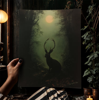 Jackalope Art Print Painting, Hare Hybrid Wall Decor, Mystical Woodland Animal Portrait, Cryptid Fairycore Wall Art