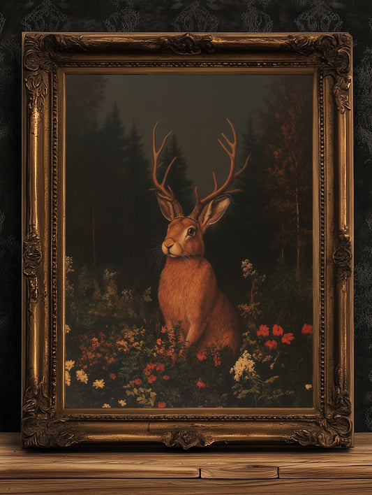 Floral Moody Jackalope Art Print, Surreal Hare Hybrid Wall Decor, Mystical Forest Animal Portrait, Cryptid Fairycore Wall Art