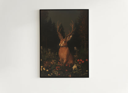 Floral Moody Jackalope Art Print, Surreal Hare Hybrid Wall Decor, Mystical Forest Animal Portrait, Cryptid Fairycore Wall Art