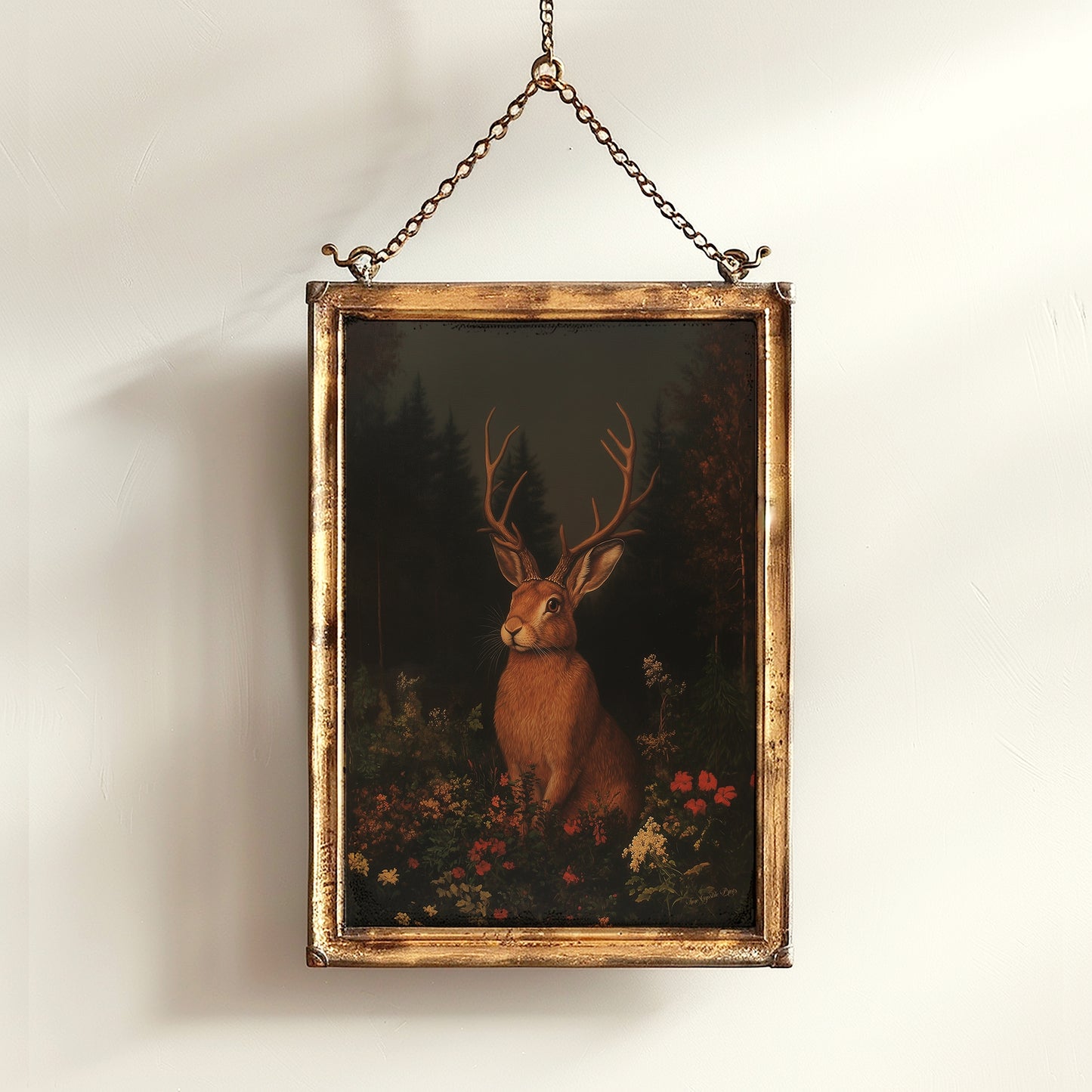 Floral Moody Jackalope Art Print, Surreal Hare Hybrid Wall Decor, Mystical Forest Animal Portrait, Cryptid Fairycore Wall Art