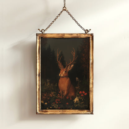Floral Moody Jackalope Art Print, Surreal Hare Hybrid Wall Decor, Mystical Forest Animal Portrait, Cryptid Fairycore Wall Art