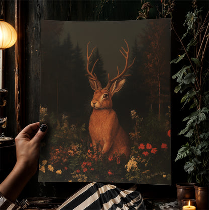 Floral Moody Jackalope Art Print, Surreal Hare Hybrid Wall Decor, Mystical Forest Animal Portrait, Cryptid Fairycore Wall Art