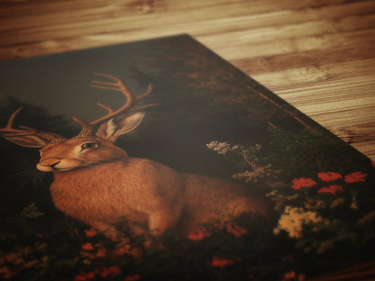Floral Moody Jackalope Art Print, Surreal Hare Hybrid Wall Decor, Mystical Forest Animal Portrait, Cryptid Fairycore Wall Art