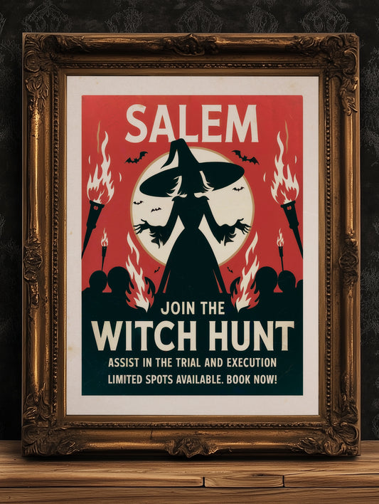 Salem Trials, Vintage Witch Hunt, Weird Quirky Travel Poster, Halloween Decor, Spooky Wall Art, Witchcraft Print, Haunted House Theme