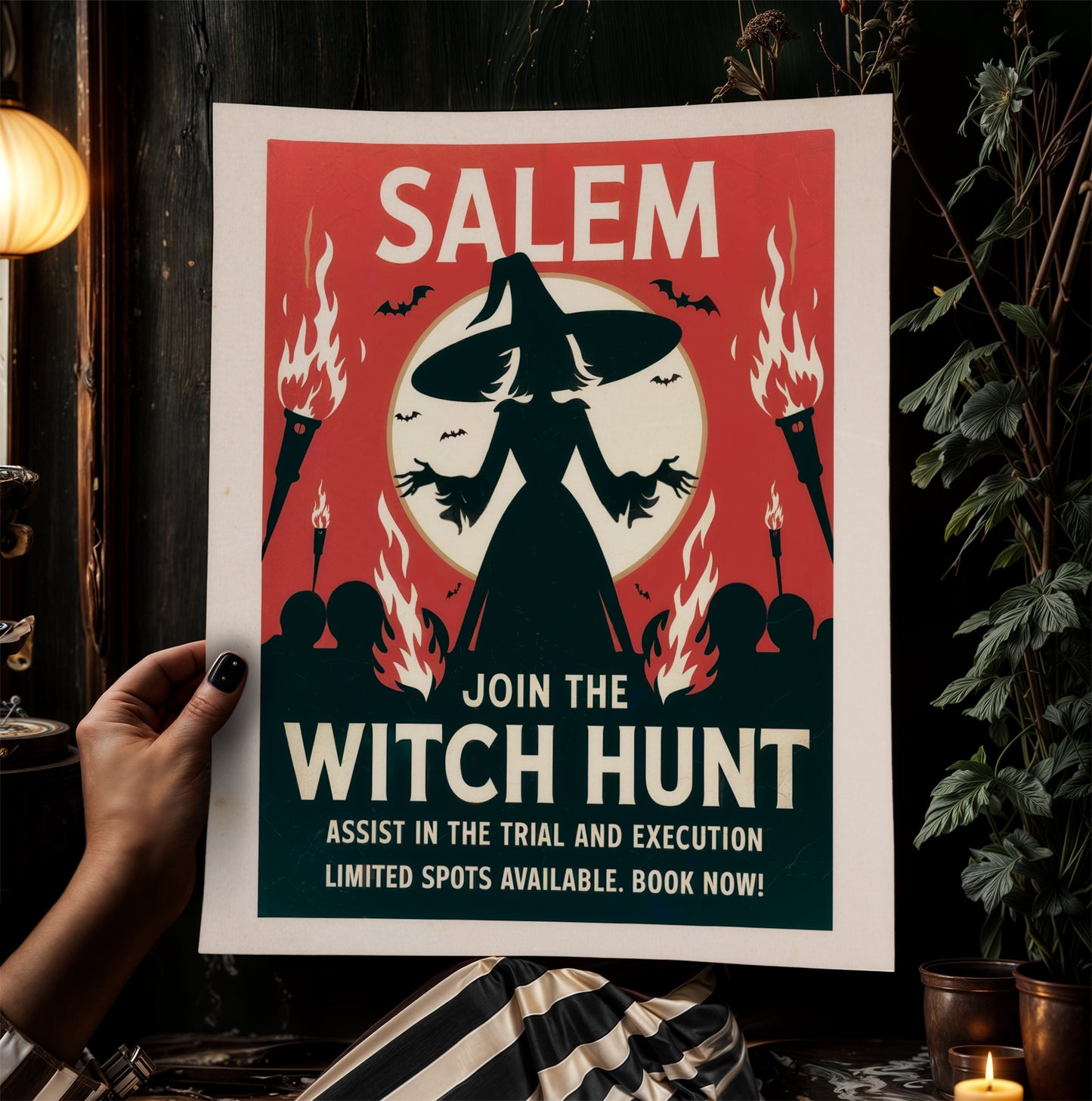Salem Trials, Vintage Witch Hunt, Weird Quirky Travel Poster, Halloween Decor, Spooky Wall Art, Witchcraft Print, Haunted House Theme