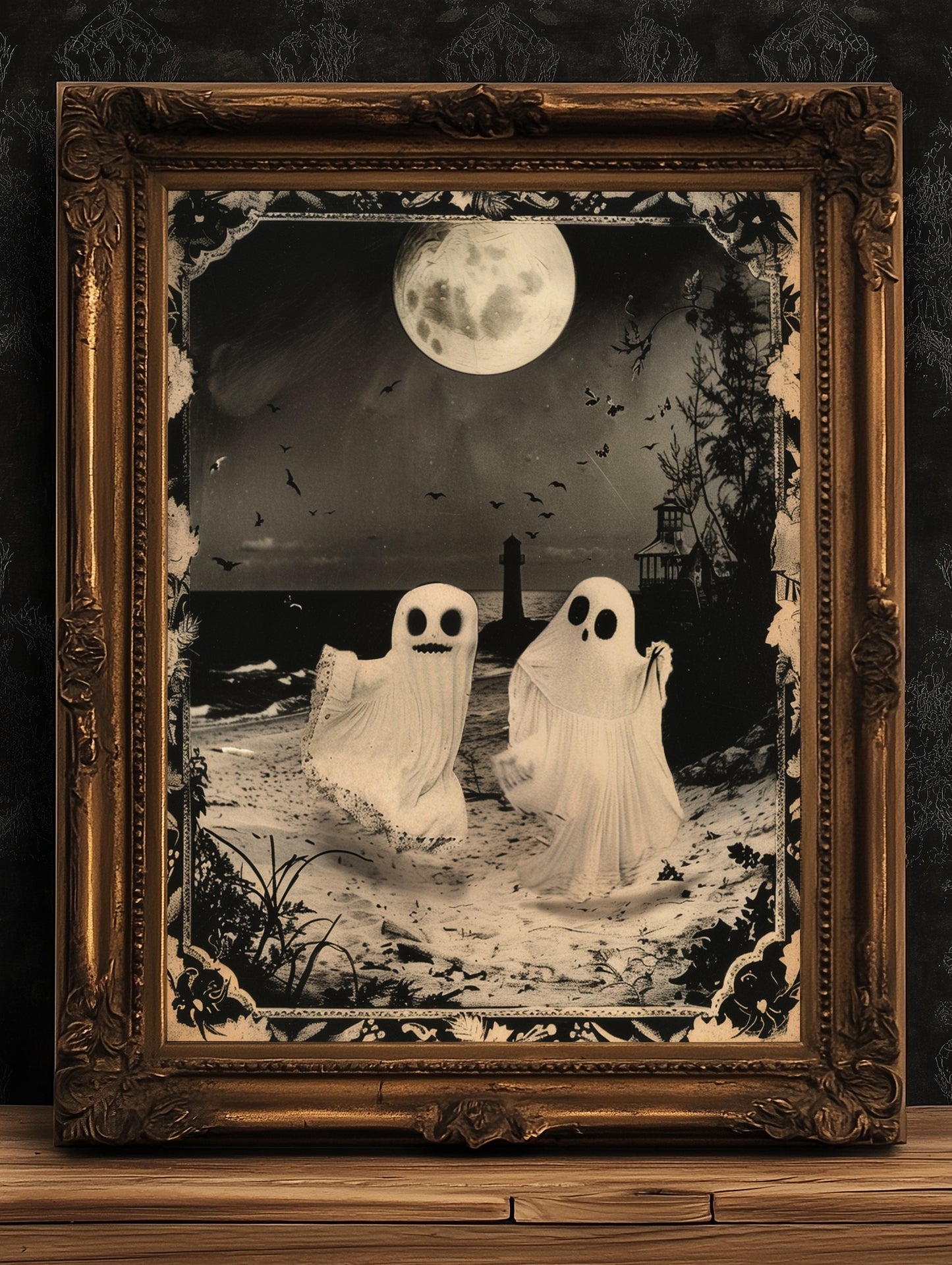 Ghost Couple Playing On the Beach, Vintage Poster, Cute Gothic Relationship, Dark Academia Decor, Spooky Goth Home Decor