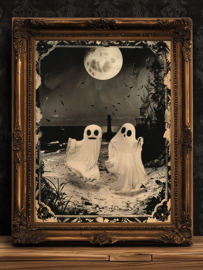 Ghost Couple Playing On the Beach, Vintage Poster, Cute Gothic Relationship, Dark Academia Decor, Spooky Goth Home Decor