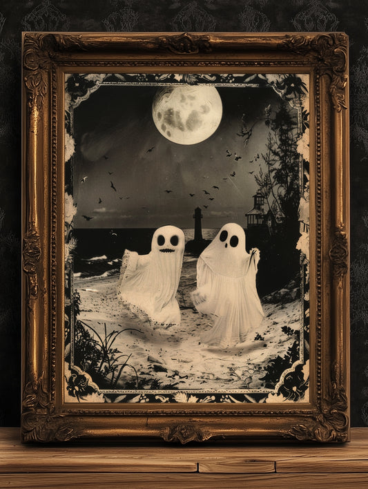 Ghost Couple Playing On the Beach, Vintage Poster, Cute Gothic Relationship, Dark Academia Decor, Spooky Goth Home Decor