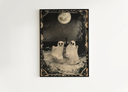 Ghost Couple Playing On the Beach, Vintage Poster, Cute Gothic Relationship, Dark Academia Decor, Spooky Goth Home Decor