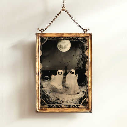 Ghost Couple Playing On the Beach, Vintage Poster, Cute Gothic Relationship, Dark Academia Decor, Spooky Goth Home Decor