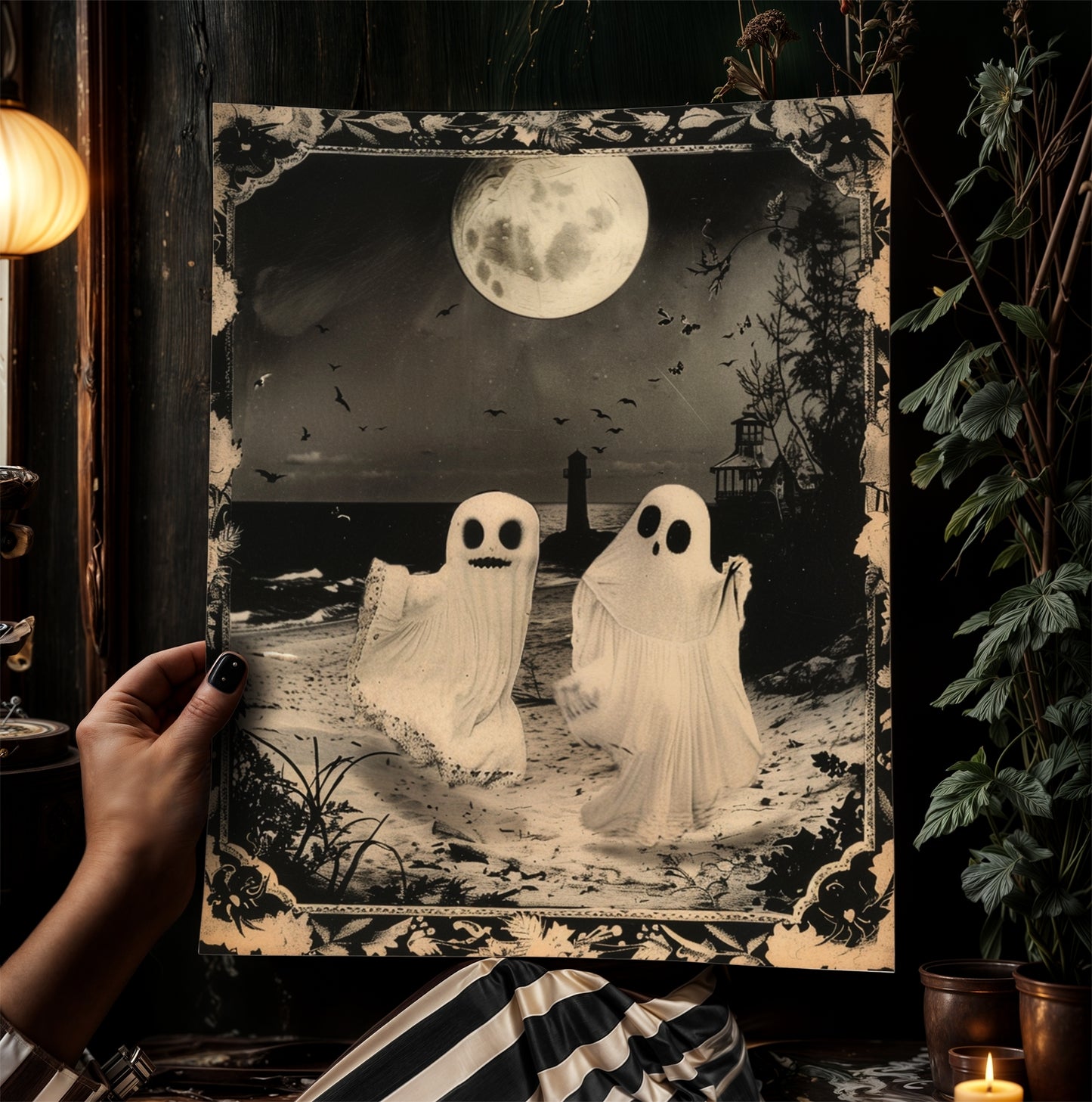 Ghost Couple Playing On the Beach, Vintage Poster, Cute Gothic Relationship, Dark Academia Decor, Spooky Goth Home Decor