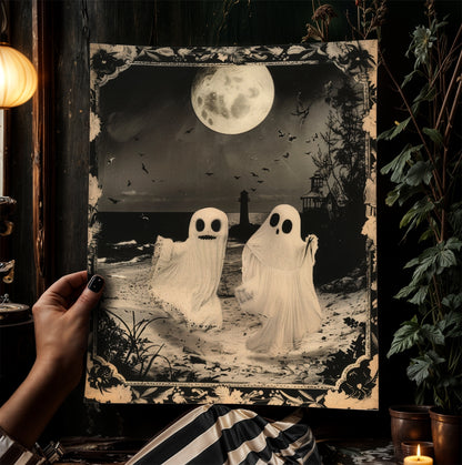 Ghost Couple Playing On the Beach, Vintage Poster, Cute Gothic Relationship, Dark Academia Decor, Spooky Goth Home Decor