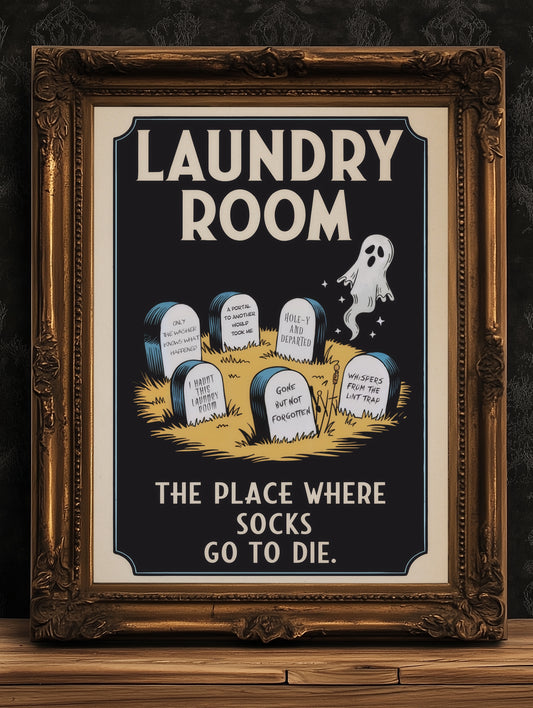 Haunted Laundry Room Poster, Funny Lost Socks Sign, Vintage Style Wall Art, Gothic Laundry Decor, Spooky Laundry Room Print, Quirky Hallowee