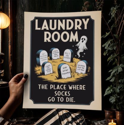 Haunted Laundry Room Poster, Funny Lost Socks Sign, Vintage Style Wall Art, Gothic Laundry Decor, Spooky Laundry Room Print, Quirky Hallowee
