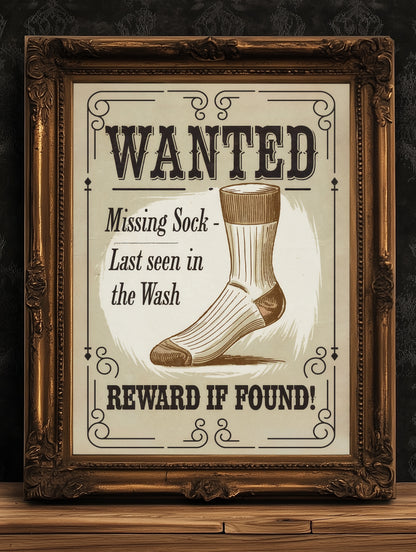 Funny Lost Sock Poster, Vintage Laundry Room Sign, Western Wanted Sign Print, Quirky Laundry Decor, Retro Missing Sock Art, Witty Home Art