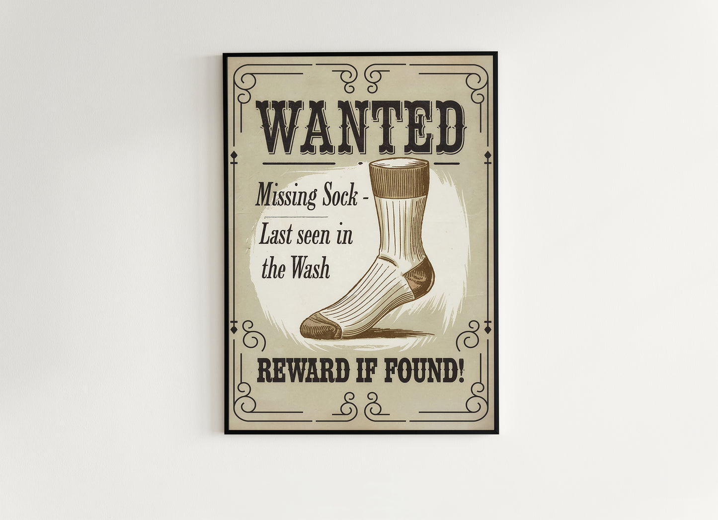 Funny Lost Sock Poster, Vintage Laundry Room Sign, Western Wanted Sign Print, Quirky Laundry Decor, Retro Missing Sock Art, Witty Home Art