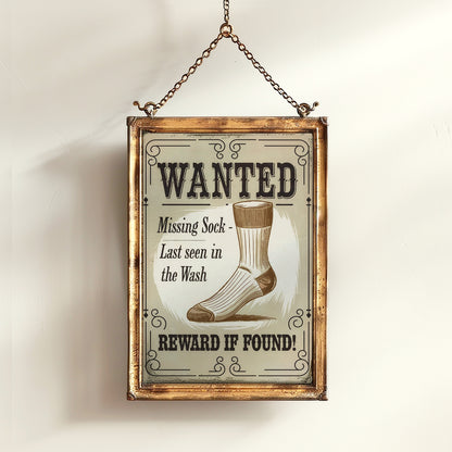 Funny Lost Sock Poster, Vintage Laundry Room Sign, Western Wanted Sign Print, Quirky Laundry Decor, Retro Missing Sock Art, Witty Home Art