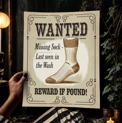 Funny Lost Sock Poster, Vintage Laundry Room Sign, Western Wanted Sign Print, Quirky Laundry Decor, Retro Missing Sock Art, Witty Home Art