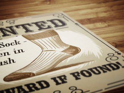 Funny Lost Sock Poster, Vintage Laundry Room Sign, Western Wanted Sign Print, Quirky Laundry Decor, Retro Missing Sock Art, Witty Home Art