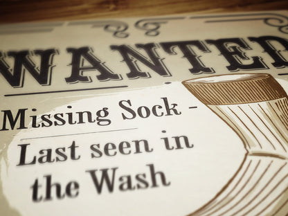 Funny Lost Sock Poster, Vintage Laundry Room Sign, Western Wanted Sign Print, Quirky Laundry Decor, Retro Missing Sock Art, Witty Home Art