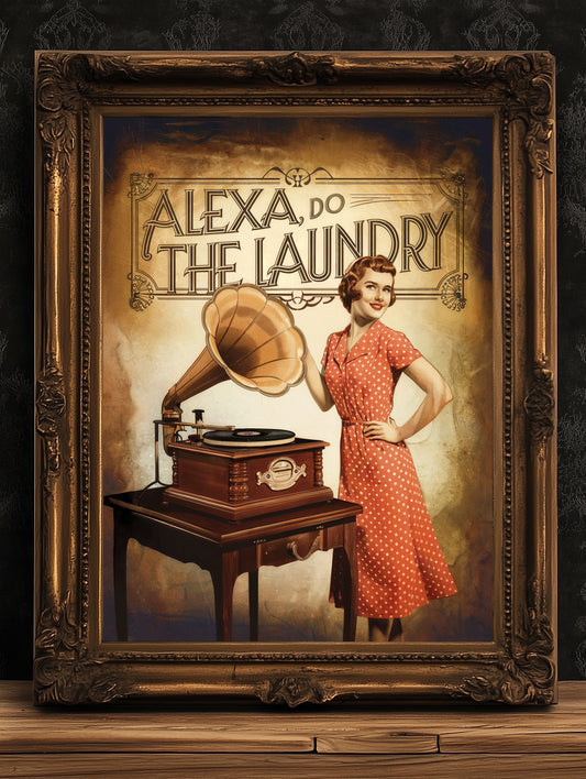 Funny Alexa Laundry Poster, Vintage Retro Wall Art, Quirky Laundry Room Decor, Mid-Century Housewife Print, Humorous Home Sign, Witty Wall A