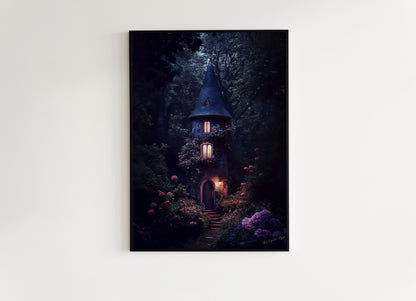 Enchanted Cottage Wall Art, Dark Fairytale Cottage Print, Whimsigoth Fantasy Decor, Gothic Forest House Poster, Mystical Witchcore Aesthetic