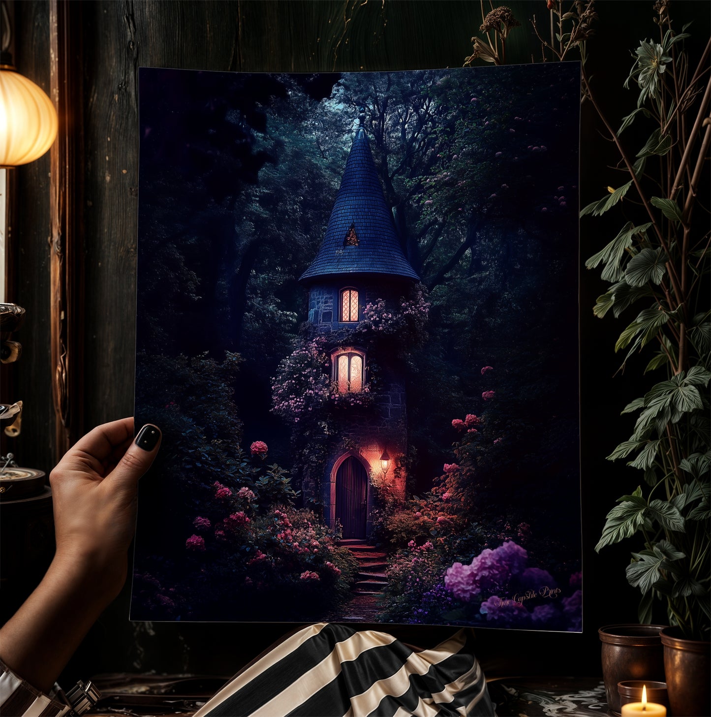 Enchanted Cottage Wall Art, Dark Fairytale Cottage Print, Whimsigoth Fantasy Decor, Gothic Forest House Poster, Mystical Witchcore Aesthetic