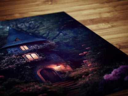 Enchanted Cottage Wall Art, Dark Fairytale Cottage Print, Whimsigoth Fantasy Decor, Gothic Forest House Poster, Mystical Witchcore Aesthetic