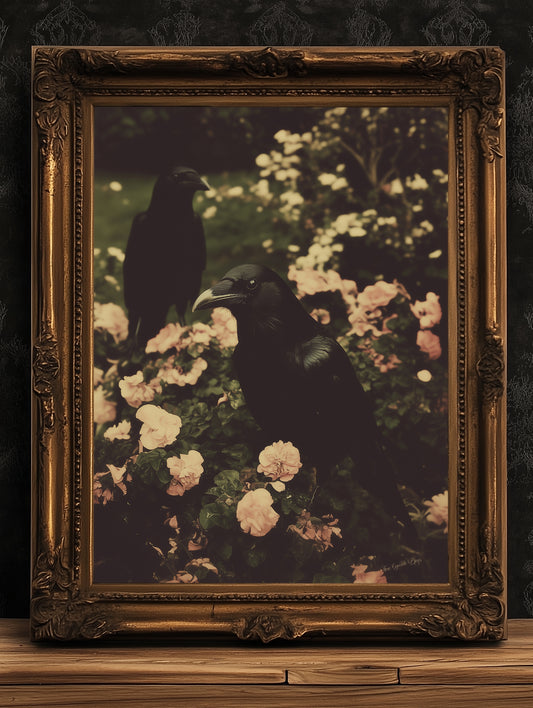 Gothic Raven Couple Wall Art, Dark Academia Crow Print, Vintage Nature Decor, Witchy Cottagecore Poster, Whimsigoth Aesthetic Artwork