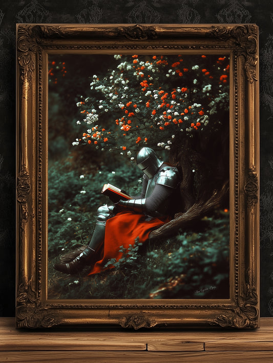 Medieval Knight Reading Book Art Print, Floral Dark Castle Core Aesthetic Poster, Whimsigoth Decor Fantasy Wall Art, DND Bookish Knight Gift