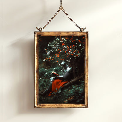 Medieval Knight Reading Book Art Print, Floral Dark Castle Core Aesthetic Poster, Whimsigoth Decor Fantasy Wall Art, DND Bookish Knight Gift