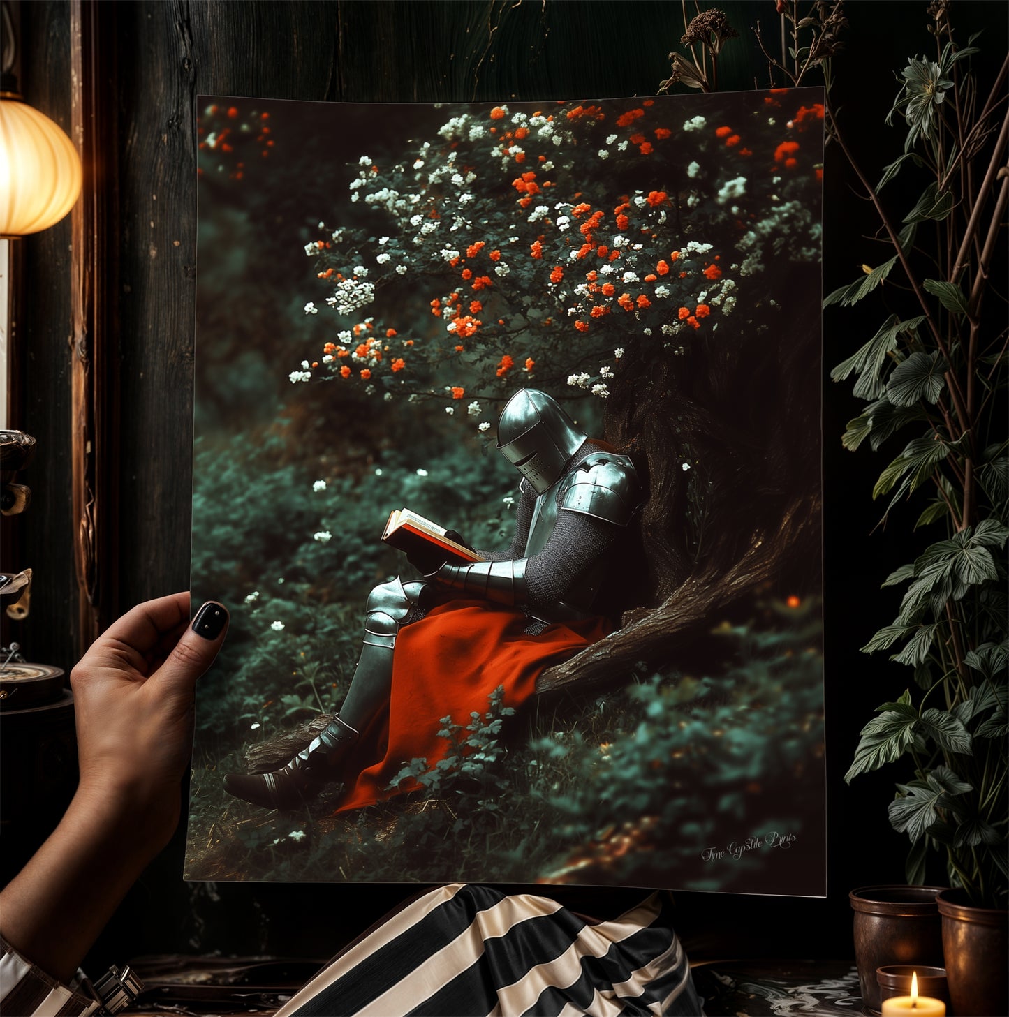 Medieval Knight Reading Book Art Print, Floral Dark Castle Core Aesthetic Poster, Whimsigoth Decor Fantasy Wall Art, DND Bookish Knight Gift