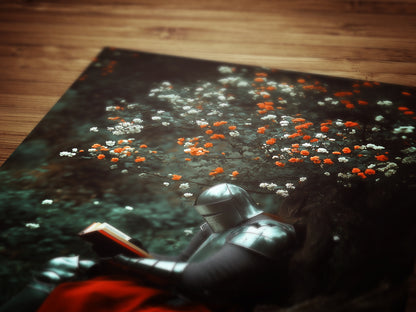Medieval Knight Reading Book Art Print, Floral Dark Castle Core Aesthetic Poster, Whimsigoth Decor Fantasy Wall Art, DND Bookish Knight Gift