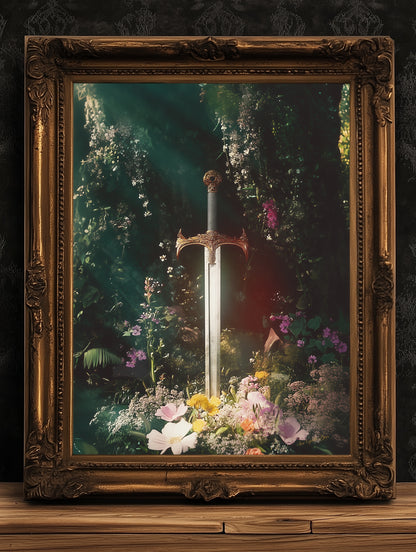 Enchanted Excalibur in the Forest, Claymore Weapon Fantasy Decor, Castle Core Medieval Knight Adventure, Whimisigoth Decor Poster Print